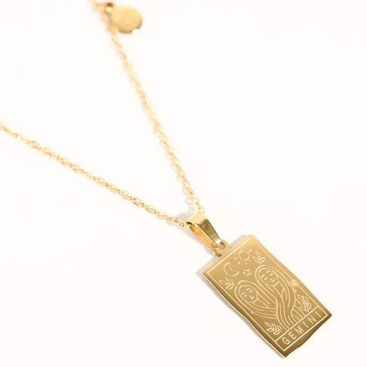 Stainless Steel Gold Plated Zodiac Necklace-GEMINI
