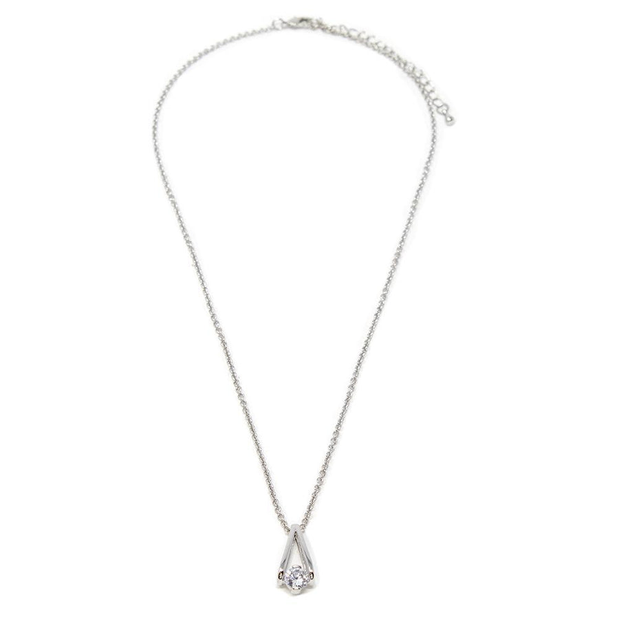 16 Inch Rhodium Plated Necklace with Single CZ Pendant - Mimmic Fashion Jewelry