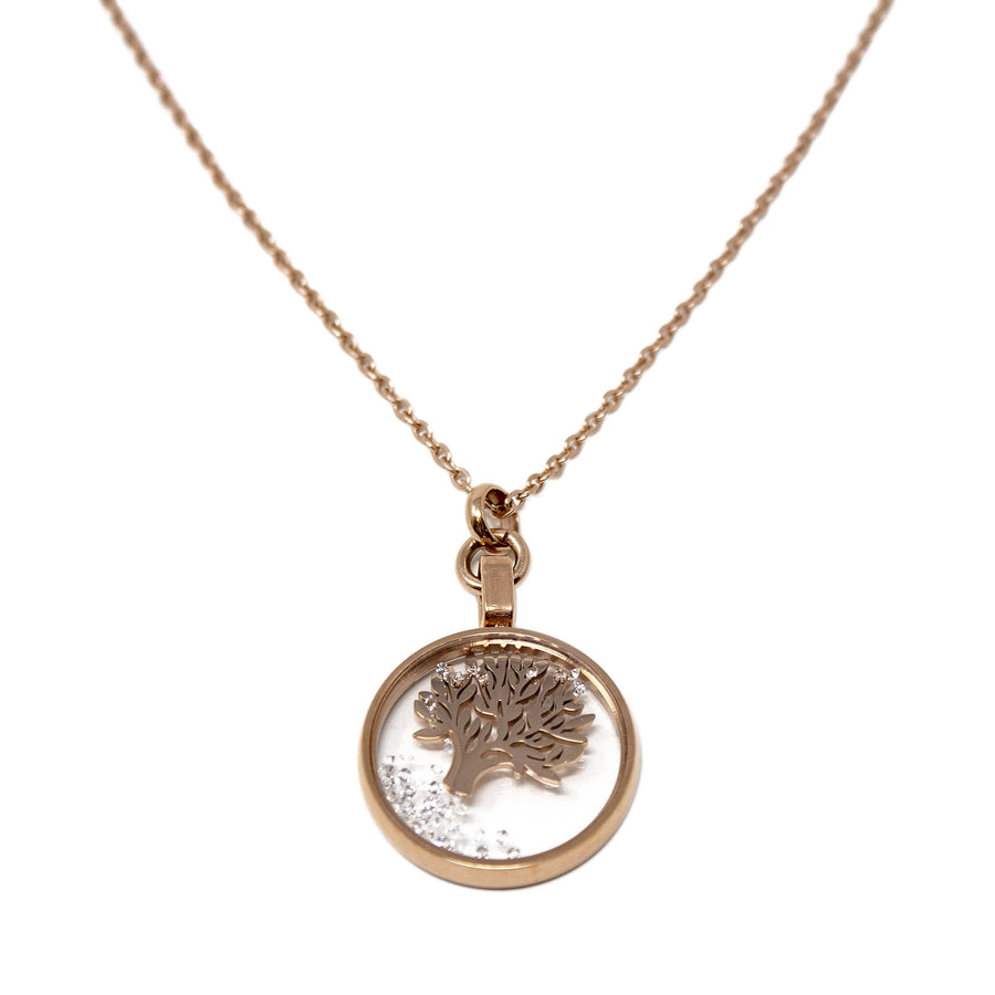 18 Kt Rose Gold Plated Stainless Steel Tree of Life Glass Locket Necklace - Mimmic Fashion Jewelry
