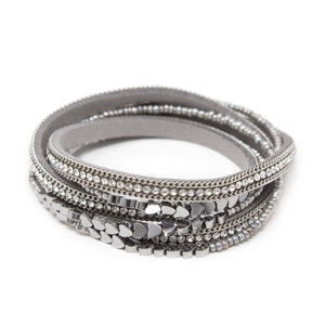 2 Row Suede Wrap Bracelet W CZ and Heart Beads Silver T - Mimmic Fashion Jewelry
