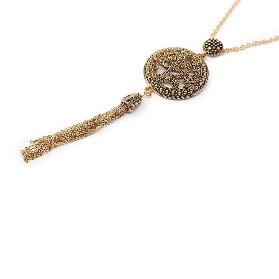27 Inch Necklace Medallion Tassel Gold Tone - Mimmic Fashion Jewelry