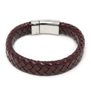 Braided Leather Bracelet with Flower Clasp Burgundy Medium - Mimmic Fashion Jewelry