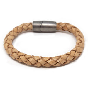 Braided Leather Bracelet with Puzzle Clasp Beige Medium - Mimmic Fashion Jewelry