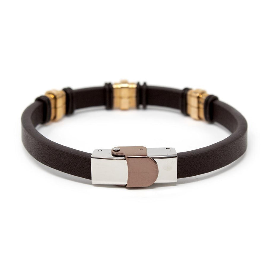 Brown Leather Rose Gold Stainless Steel Three Barrels Bracelet - Mimmic Fashion Jewelry
