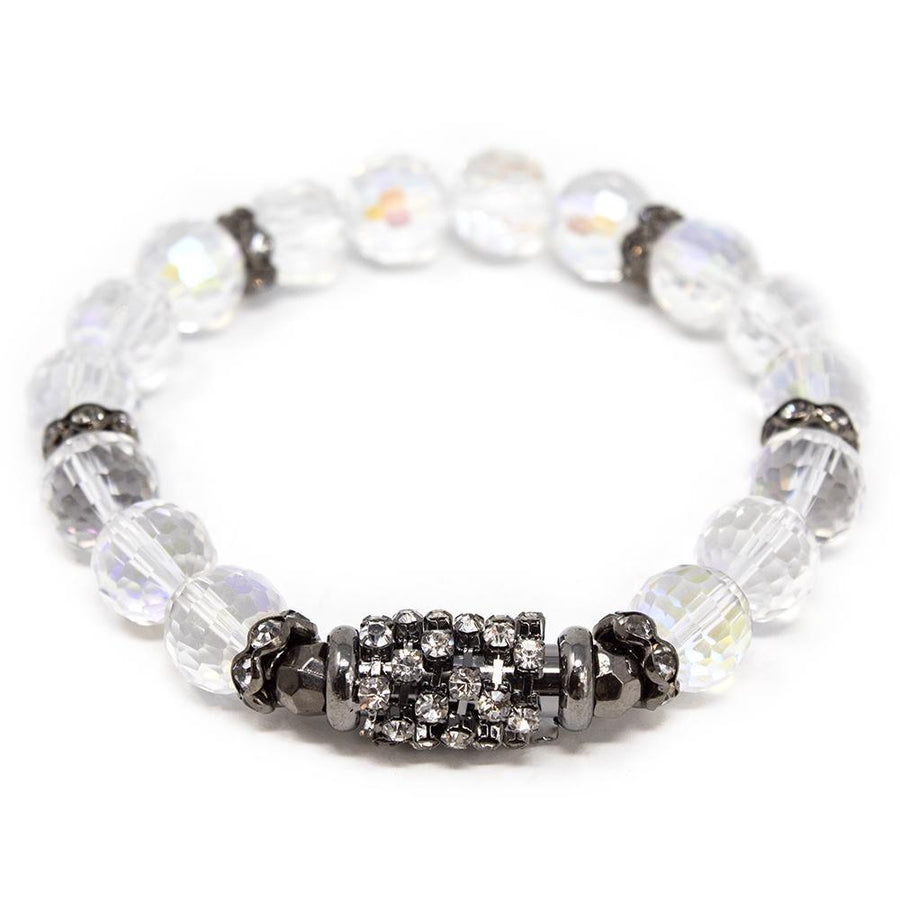 Clear Glass Bead Stretch Bracelet with Black Pave Bar - Mimmic Fashion Jewelry