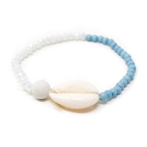 Cowrie Shell Glass Beaded Stretch Bracelet White and Turquoise - Mimmic Fashion Jewelry