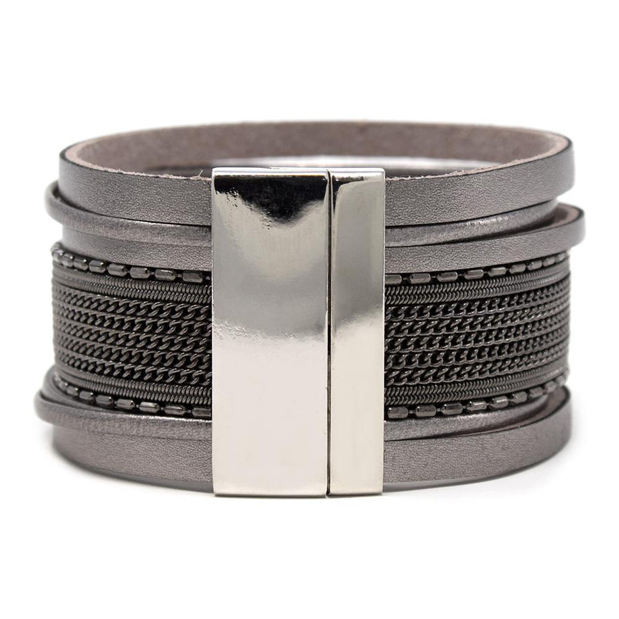 Eight Row Wide Leather Bracelet with Chain Grey Metal Tone - Mimmic Fashion Jewelry