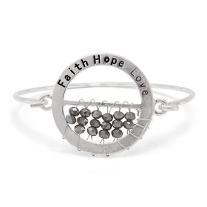 Faith Hope Love Hook Bangle With Grey Glass Bead SilverT - Mimmic Fashion Jewelry