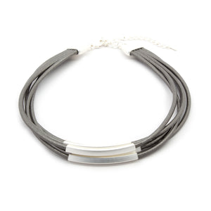 Five Layer Leather Choker Silver Metal Accent Dark Grey - Mimmic Fashion Jewelry