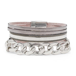 4 Row Leather Bracelet w Curb Chain Station Grey - Mimmic Fashion Jewelry