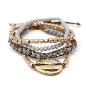 Gold Tone Cowrie Shell Bead Stretch Bracelet Set of Four Gray - Mimmic Fashion Jewelry