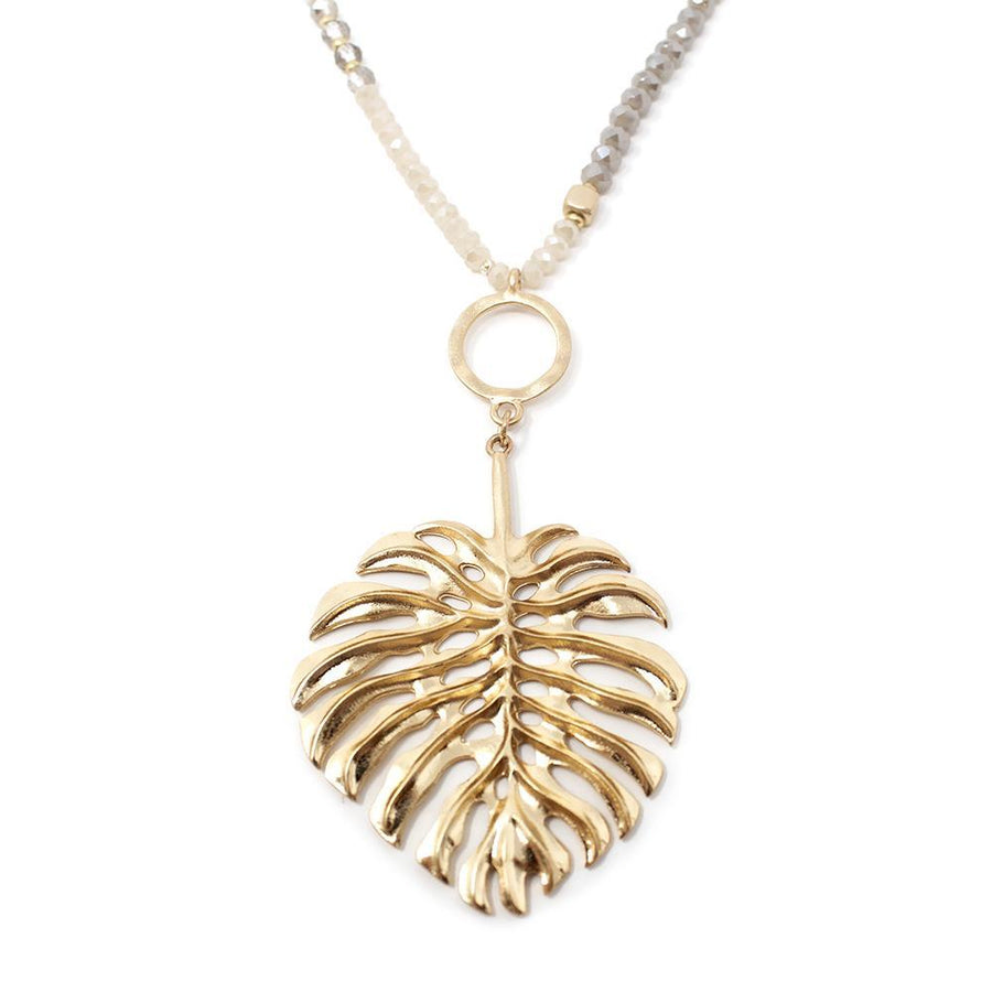 Gray Glass Bead Long Neck W Leaf Pendant Gold T - Mimmic Fashion Jewelry