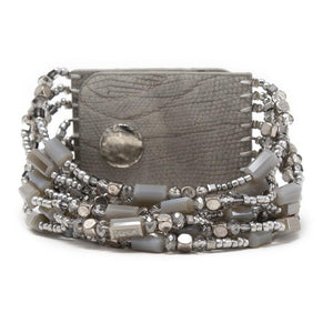 Leather Bracelet Ten Beaded Strings Grey Silver - Mimmic Fashion Jewelry