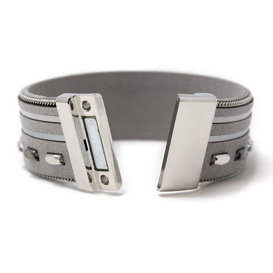Leather Bracelet With Metal Bars Inlay Grey - Mimmic Fashion Jewelry