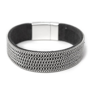Leather Bracelet With Silver Tone Chain - Mimmic Fashion Jewelry
