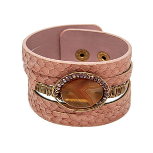 Leather Bracelet With Stone Station Pink Powder - Mimmic Fashion Jewelry