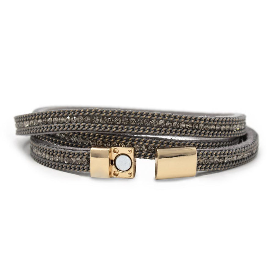 Leather Bracelet Wrap with Chain and Crystal Grey - Mimmic Fashion Jewelry