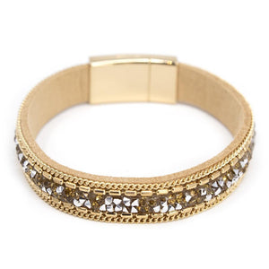 Leather Bracelet with Glass Crystals Gold Tone - Mimmic Fashion Jewelry