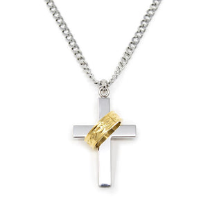 Men's Stainless Steel Gold Ion Plated Ring Cross Pendant on Chain - Mimmic Fashion Jewelry