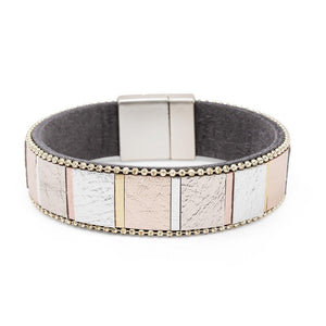 Mosaic Design Leather Bracelet Gold/RoseG Tone - Mimmic Fashion Jewelry
