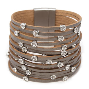 Multi Row Leather Bracelet With Round Crystals Gray - Mimmic Fashion Jewelry