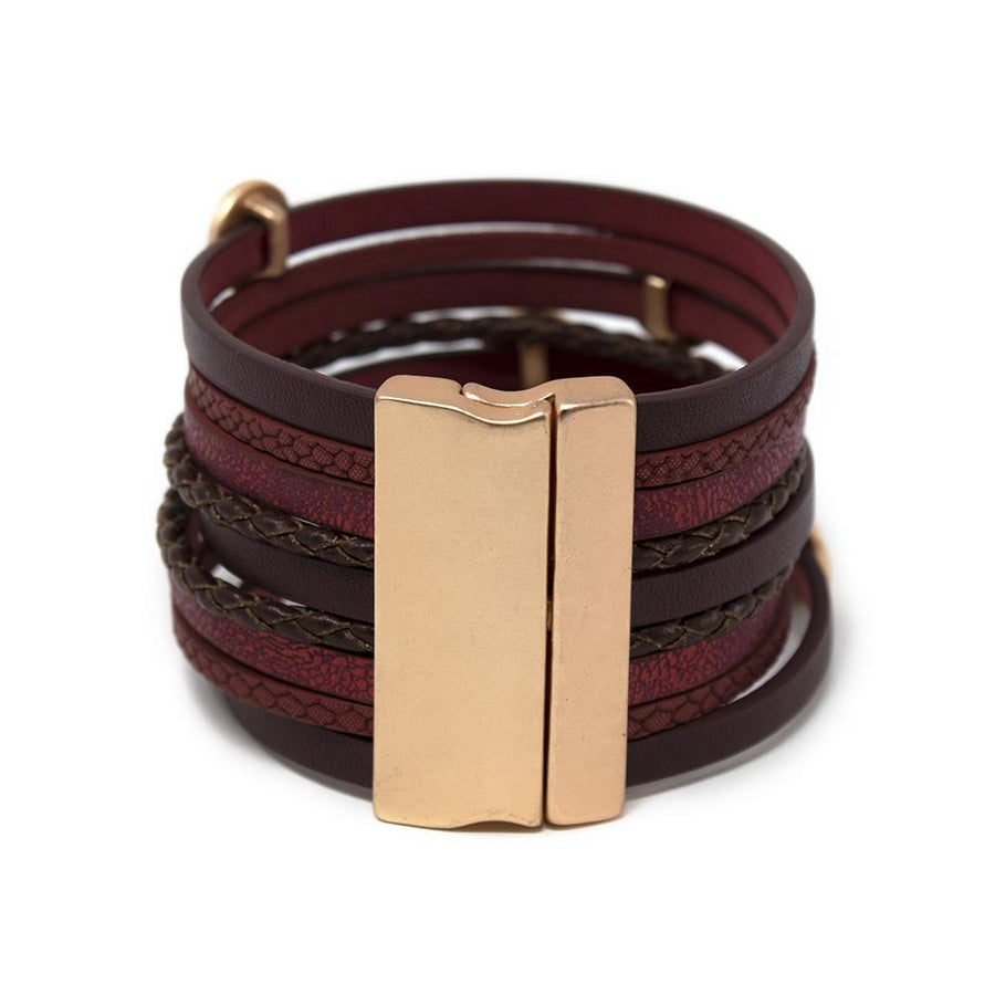 Multi Row Red/Brown Leather Bracelet Hammered Disc - Mimmic Fashion Jewelry