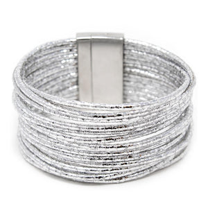 Multi Strand Wide Leather Bracelet Metallic Silver - Mimmic Fashion Jewelry
