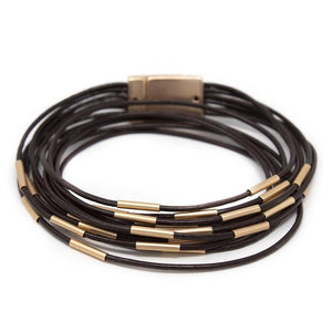 Multi String Brown Leather Bracelet Bars Gold Metal - Mimmic Fashion Jewelry