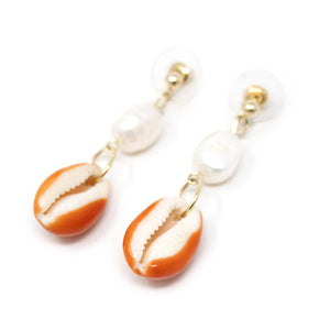 Orange Cowry Pearl Drop Earrings Gold Tone - Mimmic Fashion Jewelry