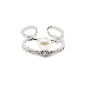 Pearl W Pave Band Ring Rhodium Pl - Mimmic Fashion Jewelry