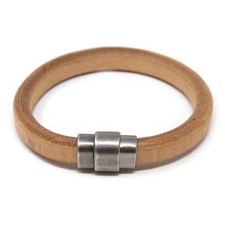 Plain Leather Bracelet with Antique Silver Clasp Camel Large - Mimmic Fashion Jewelry