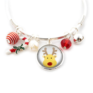 Red Reindeer Charm Bangle Silver Tone - Mimmic Fashion Jewelry