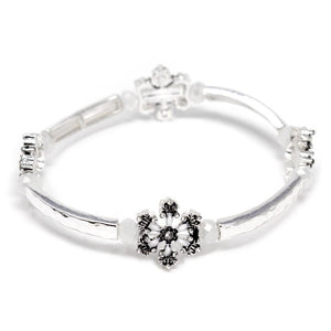Snow Flakes Stations Stretch Bracelet Silver T - Mimmic Fashion Jewelry