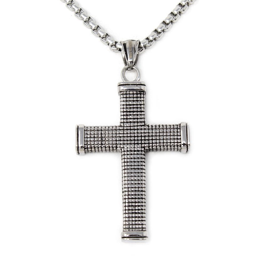 St Steel Necklace W Textured Square Design Cross - Mimmic Fashion Jewelry