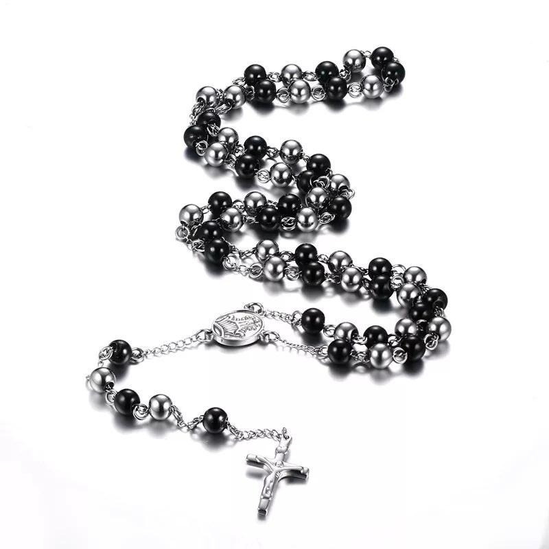 Stainless Steel 8MM Black IP Rosary Men's Necklace