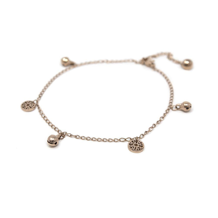 Stainless Steel Anklet Disc Jingle Bell Rose Gold Plated - Mimmic Fashion Jewelry