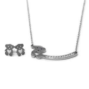 Stainless St Bear in Pave Bar Neck Earrings Set - Mimmic Fashion Jewelry