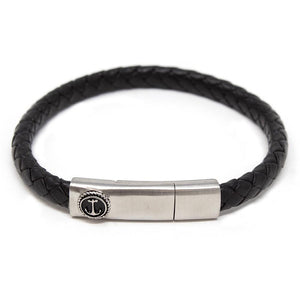 Stainless Steel Black Braided Leather Bracelet with Anchor - Mimmic Fashion Jewelry