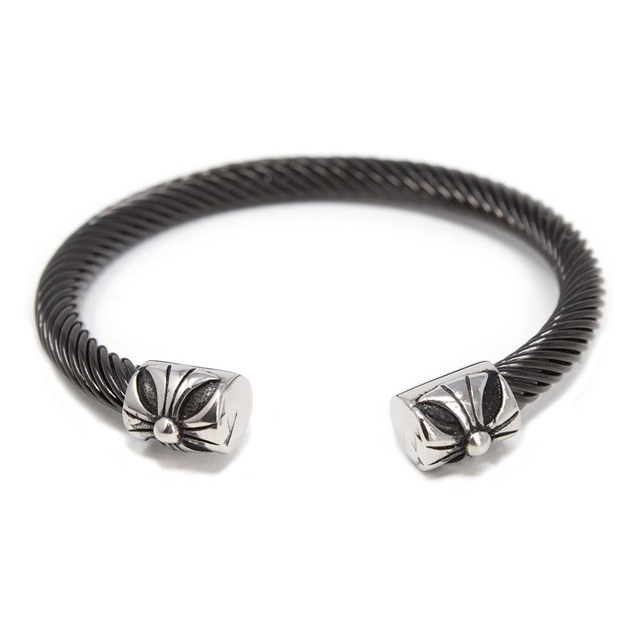 Stainless Steel Black Cable Bangle with Flower Ends - Mimmic Fashion Jewelry