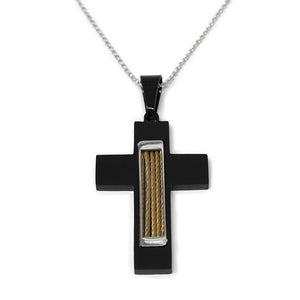 Stainless Steel Black Cross with Cable Inlay Pendant Necklace - Mimmic Fashion Jewelry