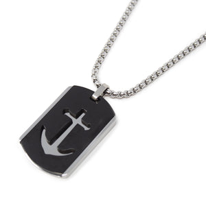 Stainless Steel Box Chain With Anchor Cut Out Dog Tag Pendant Two Tone - Mimmic Fashion Jewelry