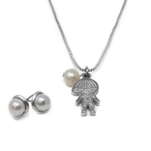 Stainless St Boy and Pearl Charm Neck/Earrings Set - Mimmic Fashion Jewelry