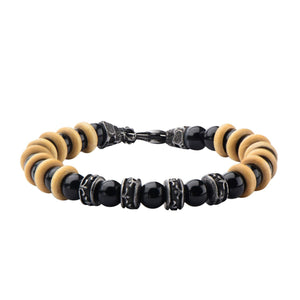 Stainless Steel Bracelet Onyx and Wood Beads - Mimmic Fashion Jewelry