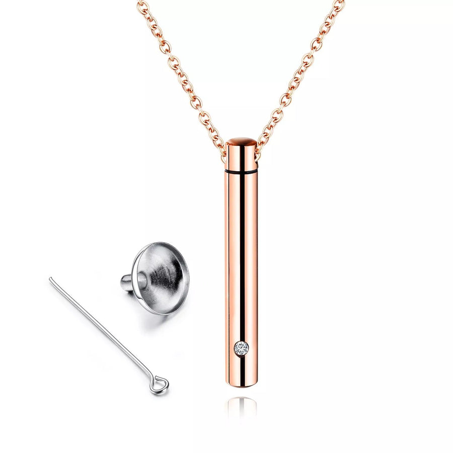 Stainless Steel Cremation Cylinder Pendant Necklace Rose Gold Plated