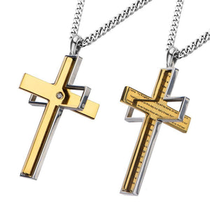 Stainless St Gold IP Lord's Prayer Spinner Cross Pendant w Chain - Mimmic Fashion Jewelry