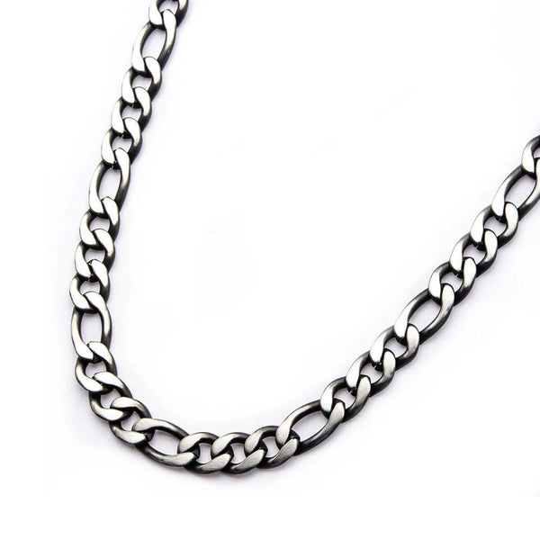 Mens Black Plated Textured Stainless Steel Figaro Link Chain Necklace