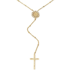 Stainless Steel Rosary Necklace CZ Cross Gold Plated - Mimmic Fashion Jewelry