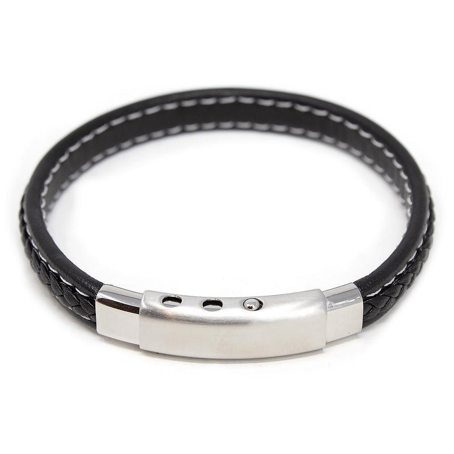 Stainless Steel Small Braided Leather Bracelet Black - Mimmic Fashion Jewelry
