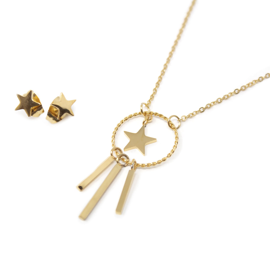 Stainless Steel Star/Bars Neck Earrings Set Gold Plated - Mimmic Fashion Jewelry