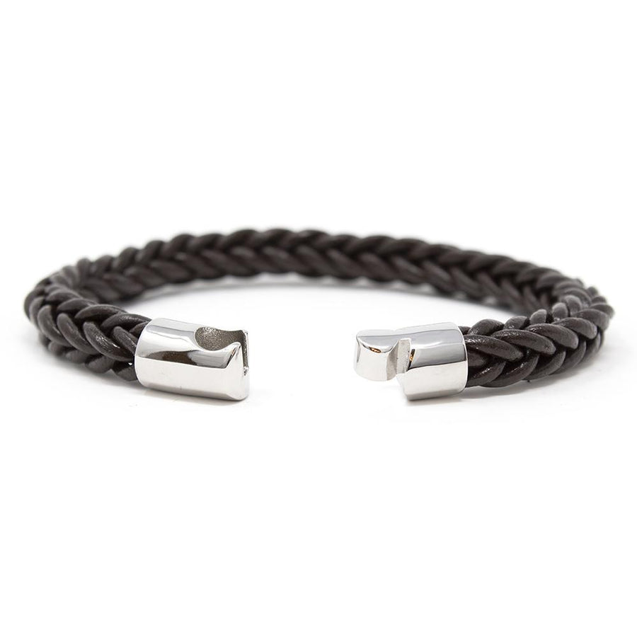 Stainless Steel and Dark Brown Braided Leather Bracelet - Mimmic Fashion Jewelry